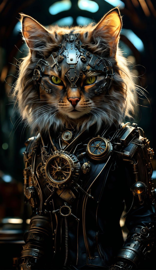 A hyper-detailed 4K image of a steampunk cat with a ghostly phantom effect. The scene is lit with cinematic HDR lighting, rendered with Redshift for photorealism, and inspired by Mark Molnar's mystical art style.