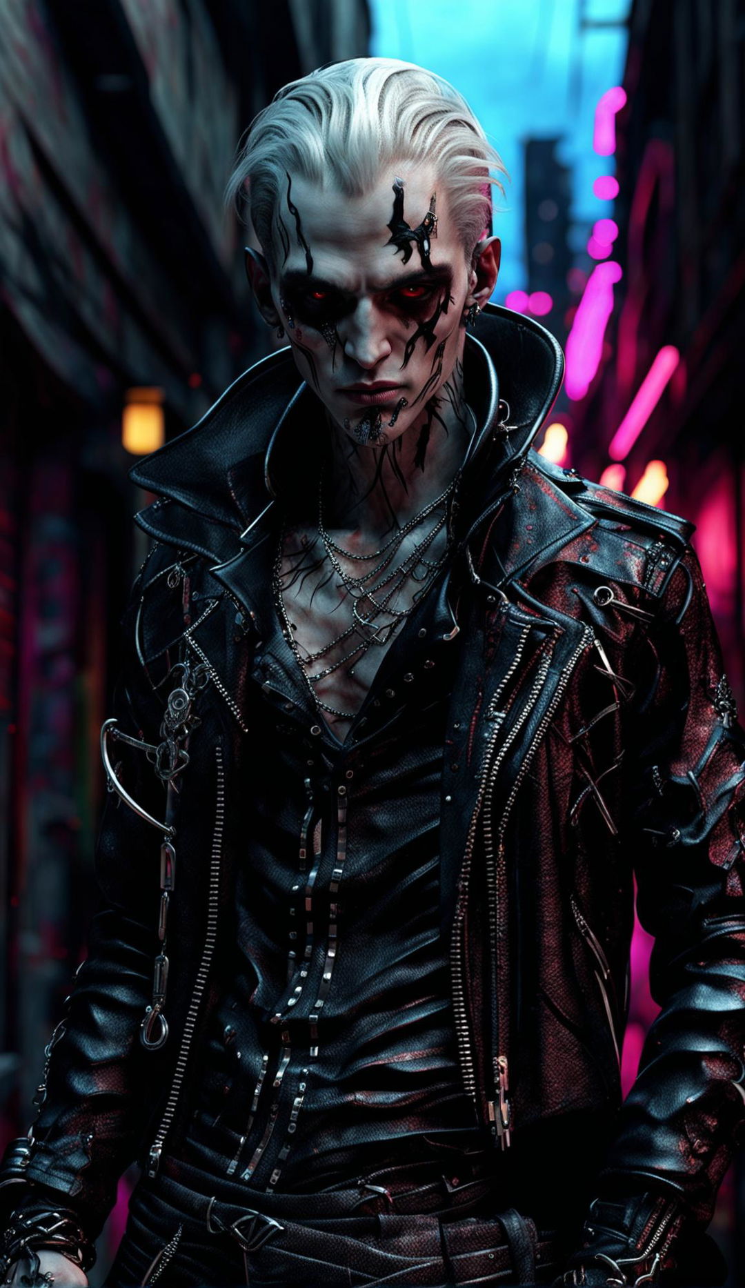 A 4K photorealistic digital art of a ghostpunk vampire with a ghostly aura and black eyes, set in a desolate urban landscape under cinematic lighting. Rendered in Redshift for hyper-realistic textures and materials, the image is reminiscent of Mark Molnar's mystical themes.