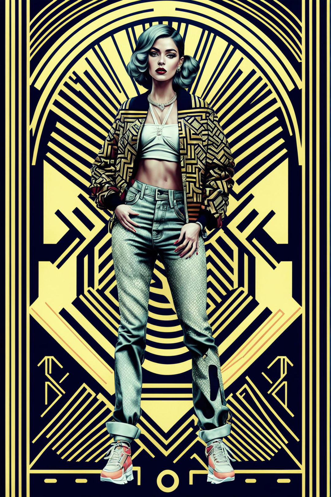 An Art Deco style digital art wallpaper featuring a confident woman dressed in high fashion streetwear