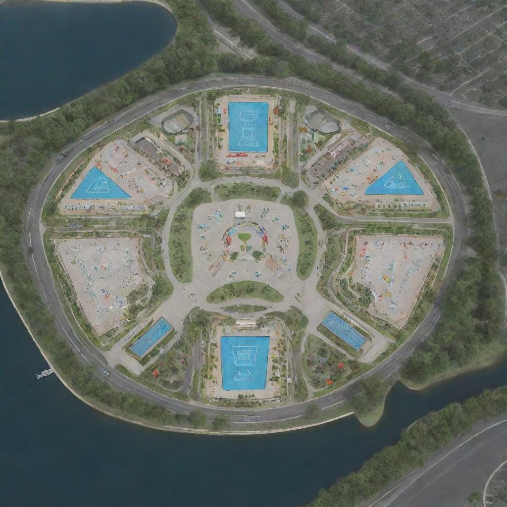 Design an equilateral triangle site plan featuring a park, amusement park, cafe, restaurant, hotel, emergency medical center, children's play area, petrol station, artificial lake, car wash, and repair shop.