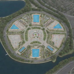 Design an equilateral triangle site plan featuring a park, amusement park, cafe, restaurant, hotel, emergency medical center, children's play area, petrol station, artificial lake, car wash, and repair shop.