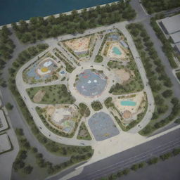 Design an equilateral triangle site plan featuring a park, amusement park, cafe, restaurant, hotel, emergency medical center, children's play area, petrol station, artificial lake, car wash, and repair shop.