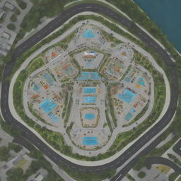 Design an equilateral triangle site plan featuring a park, amusement park, cafe, restaurant, hotel, emergency medical center, children's play area, petrol station, artificial lake, car wash, and repair shop.