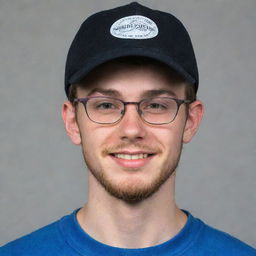 An 18-year-old boy sporting a beard and wearing glasses and a cap