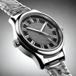 A high-resolution digital art of a sleek wristwatch with a silver band and a black dial