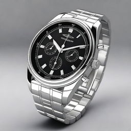 A high-resolution digital art of a sleek wristwatch with a silver band and a black dial