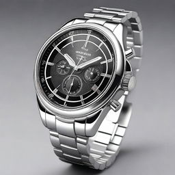 A high-resolution digital art of a sleek wristwatch with a silver band and a black dial