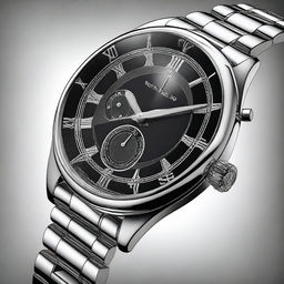 A high-resolution digital art of a sleek wristwatch with a silver band and a black dial