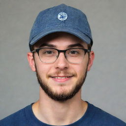 An 18-year-old boy sporting a beard and wearing glasses and a cap