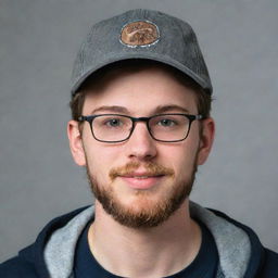 An 18-year-old boy sporting a beard and wearing glasses and a cap