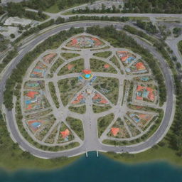 Design a site plan in the shape of an equilateral triangle, featuring a park, amusement park, cafe, restaurant, hotel, emergency medical center, children's playground, petrol station, artificial lake, car wash, and repair shop.