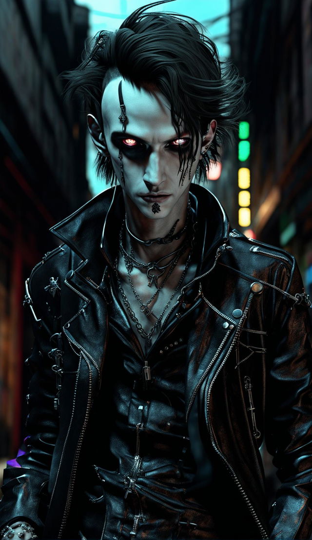 A 4K photorealistic digital art of a ghostpunk vampire with a ghostly aura and entirely black eyes, set in a desolate urban landscape under cinematic lighting. Rendered in Redshift for hyper-realistic textures and materials, the image is reminiscent of Mark Molnar's mystical themes.