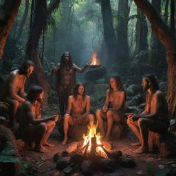 Ancient jungle infused with a touch of neon futurism, where prehistoric humans clad in primitive attire, decidedly displaying middle fingers, gather around a newly kindled fire.