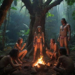 Ancient jungle infused with a touch of neon futurism, where prehistoric humans clad in primitive attire, decidedly displaying middle fingers, gather around a newly kindled fire.