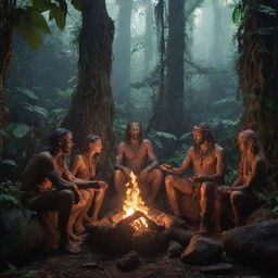 Ancient jungle infused with a touch of neon futurism, where prehistoric humans clad in primitive attire, decidedly displaying middle fingers, gather around a newly kindled fire.