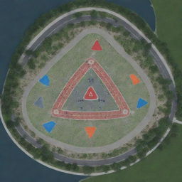 Create an AutoCAD site plan in the shape of an equilateral triangle, featuring a park, amusement park, cafe, restaurant, hotel, emergency medical center, children's playground, petrol station, artificial lake, car wash, and repair shop.