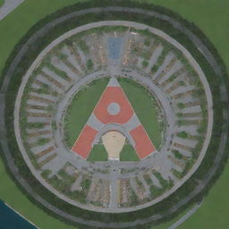 Create an AutoCAD site plan in the shape of an equilateral triangle, featuring a park, amusement park, cafe, restaurant, hotel, emergency medical center, children's playground, petrol station, artificial lake, car wash, and repair shop.