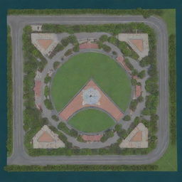 Create an AutoCAD site plan in the shape of an equilateral triangle, featuring a park, amusement park, cafe, restaurant, hotel, emergency medical center, children's playground, petrol station, artificial lake, car wash, and repair shop.