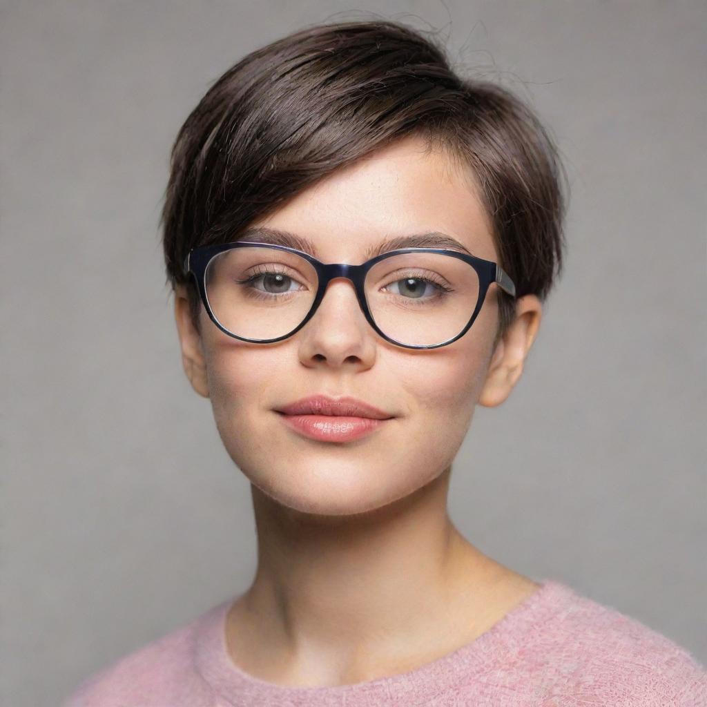 A young girl with stylish short haircut and wearing fashionable glasses.