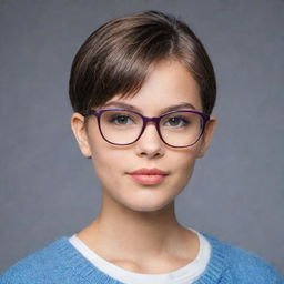 A young girl with stylish short haircut and wearing fashionable glasses.