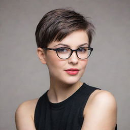 A young girl with stylish short haircut and wearing fashionable glasses.