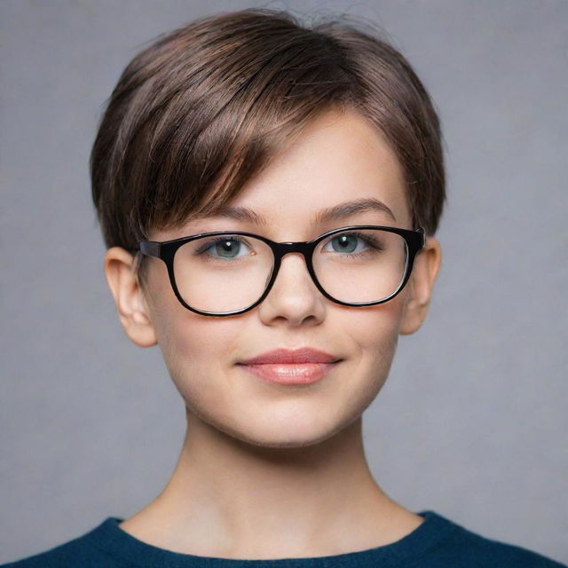 A young girl with stylish short haircut and wearing fashionable glasses.