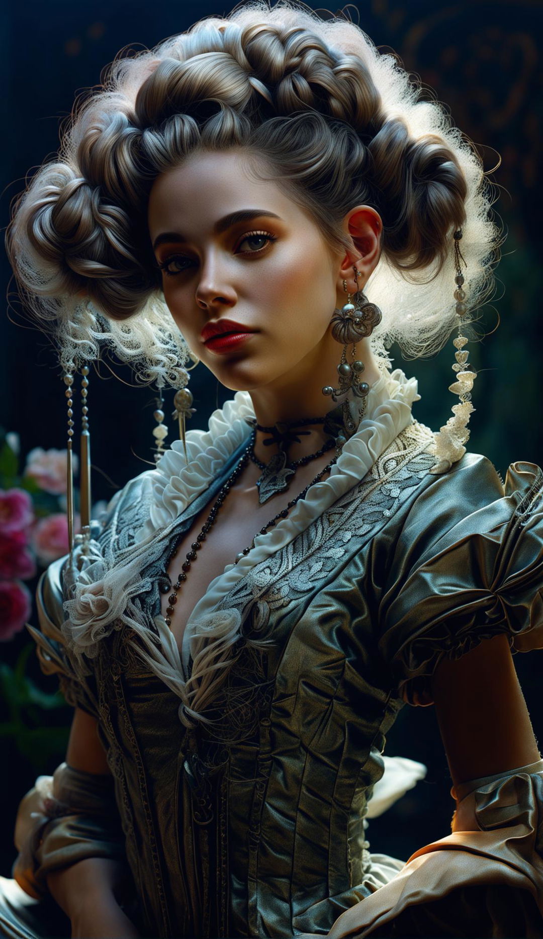 A Rococo woman with lop-rabbit ears and whiskers in a 4K, hyper-realistic digital art piece. She has classically beautiful features and a Rococo hairstyle, with the image rendered in cinematic lighting for a photorealistic effect.