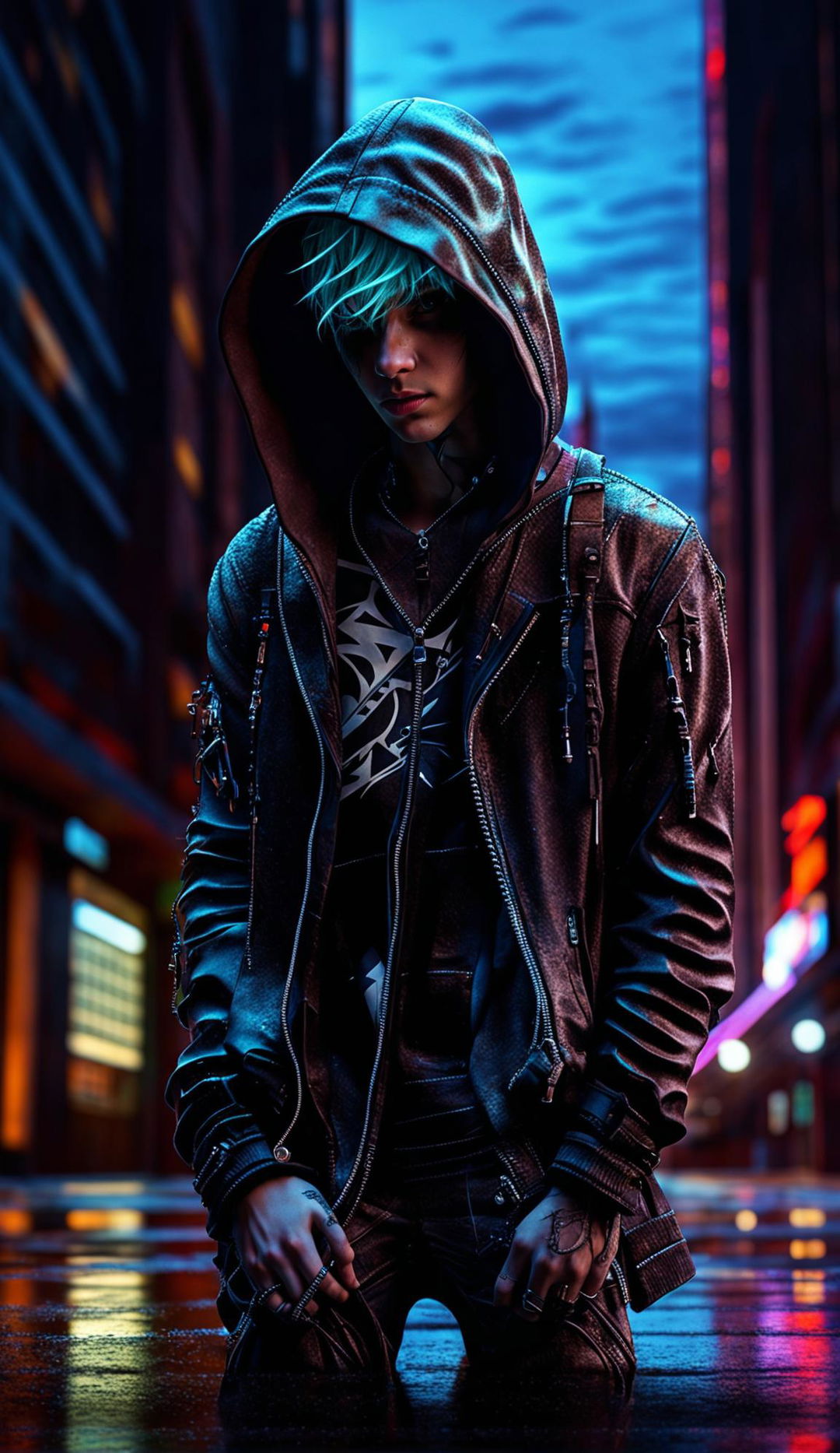 Ghostpunk emo teen sitting against a city building wall in a hyper-detailed, photorealistic cityscape under cinematic lighting. The image blends realism and fantasy in the style of Mark Molnar using redshift rendering.