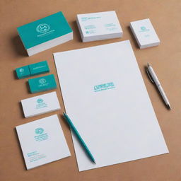 A visually striking charity donation logo embodied on a variety of stationery materials, such as pens, notepads, and business cards.