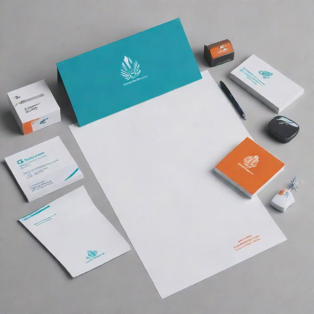 A visually striking charity donation logo embodied on a variety of stationery materials, such as pens, notepads, and business cards.