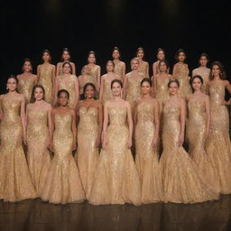 The top 15 contestants, standing confidently, each adorned in a mesmerizing gold dress that sparkles under the stage light, creating a glorious display of elegance, beauty, and unity.