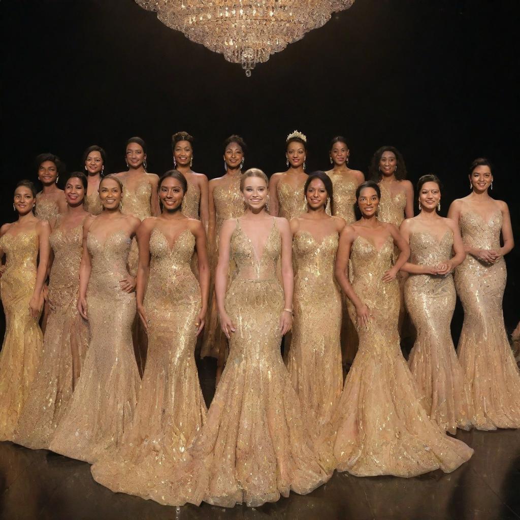 The top 15 contestants, standing confidently, each adorned in a mesmerizing gold dress that sparkles under the stage light, creating a glorious display of elegance, beauty, and unity.