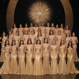 The top 15 contestants, standing confidently, each adorned in a mesmerizing gold dress that sparkles under the stage light, creating a glorious display of elegance, beauty, and unity.