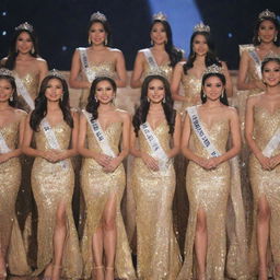 Announcement of the top 15 Miss Philippines, each stunningly attired in a shiny short gold dress, their elegance and poise elevating under the spotlight, embodying allure, sophistication, and unity.