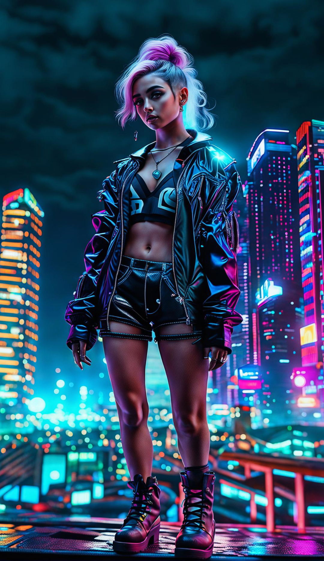 A Gen Z woman in ghostpunk cyberpunk streetwear stands in a neon-lit cityscape. Her classically beautiful features and avant-garde hairstyle contrast her edgy attire. The hyper-realistic 4K image, with cinematic lighting and HDR, is reminiscent of Mark Molnar's mystical works, rendered using redshift.