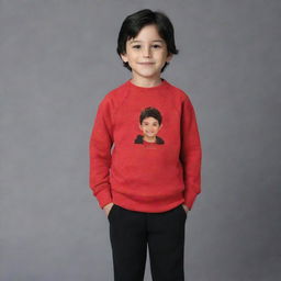 Generate an image of an 8-year-old boy named Lucas with black hair, wearing a red sweatshirt and black pants.