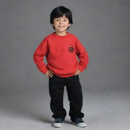 Generate an image of an 8-year-old boy named Lucas with black hair, wearing a red sweatshirt and black pants.