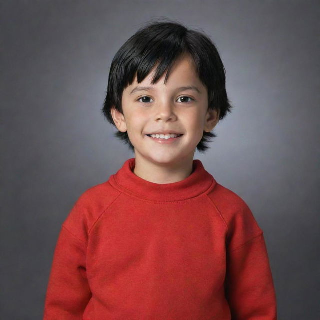 Generate an image of an 8-year-old boy named Lucas with black hair, wearing a red sweatshirt and black pants.