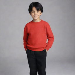 Generate an image of an 8-year-old boy named Lucas with black hair, wearing a red sweatshirt and black pants.