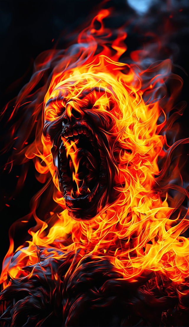 A hyper-realistic 4K image of fire forming an eerie figure screaming, rendered with Redshift for photorealism. The fine art digital photography captures the contrast between bright flames and dark background in high dynamic range (HDR), creating a mystical atmosphere reminiscent of Mark Molnar's work.