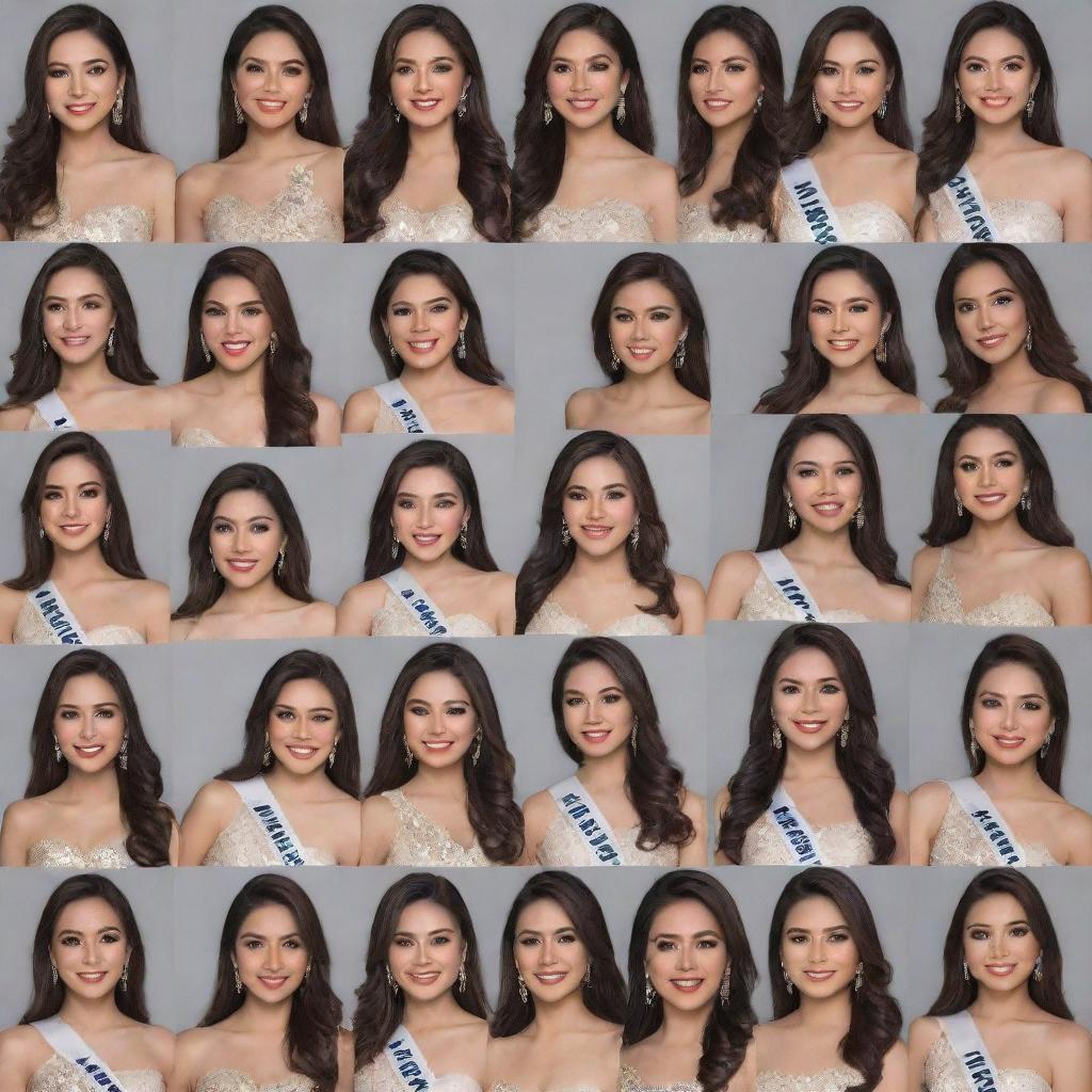 A collage of thirty individual headshots of the Miss Philippines delegates. Each face expressed with a unique charm, distinctive features, and empowering confidence portraying a celebration of beauty and diversity.