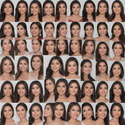 A collage of thirty individual headshots of the Miss Philippines delegates. Each face expressed with a unique charm, distinctive features, and empowering confidence portraying a celebration of beauty and diversity.