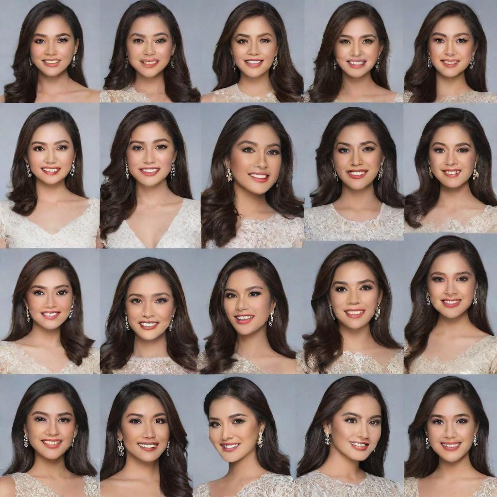 A collage of thirty individual headshots of the Miss Philippines delegates. Each face expressed with a unique charm, distinctive features, and empowering confidence portraying a celebration of beauty and diversity.