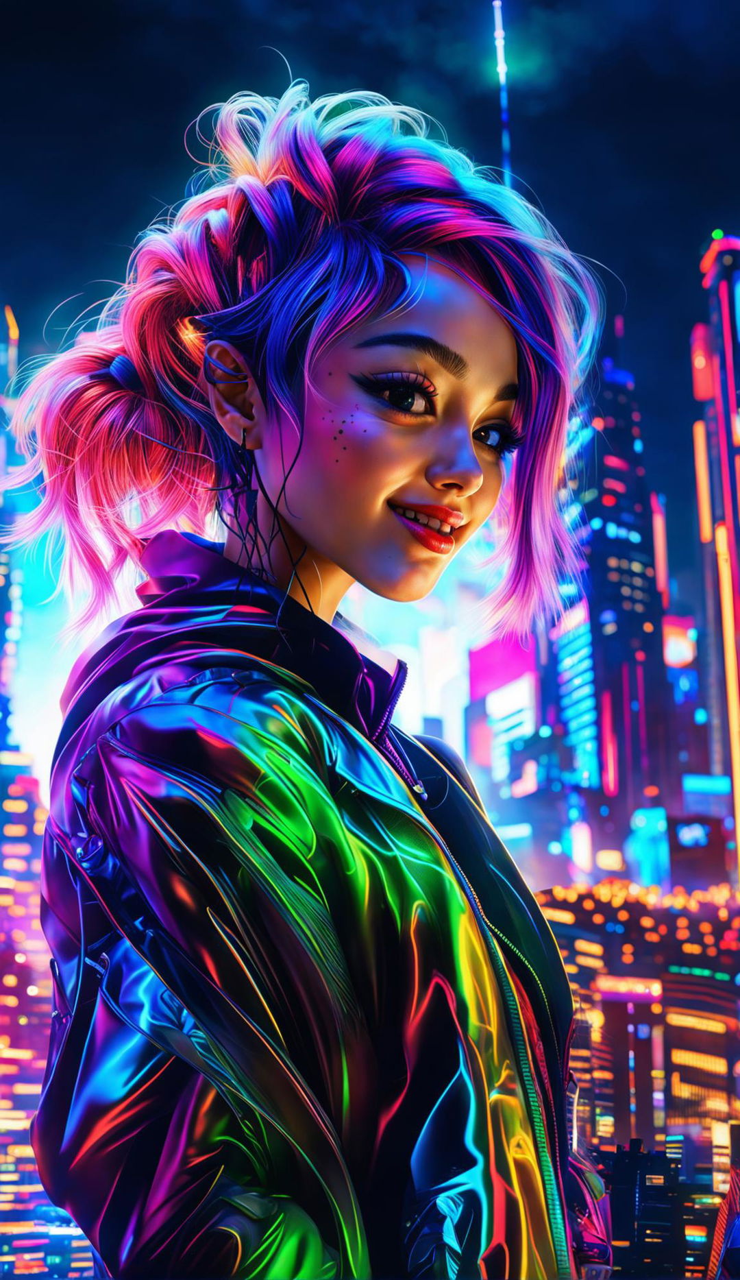 A candid shot of the Gen Z woman in ghostpunk cyberpunk streetwear, looking down and smiling amidst the neon-lit cityscape. The 4K hyper-realistic image with cinematic lighting and HDR captures her joy.