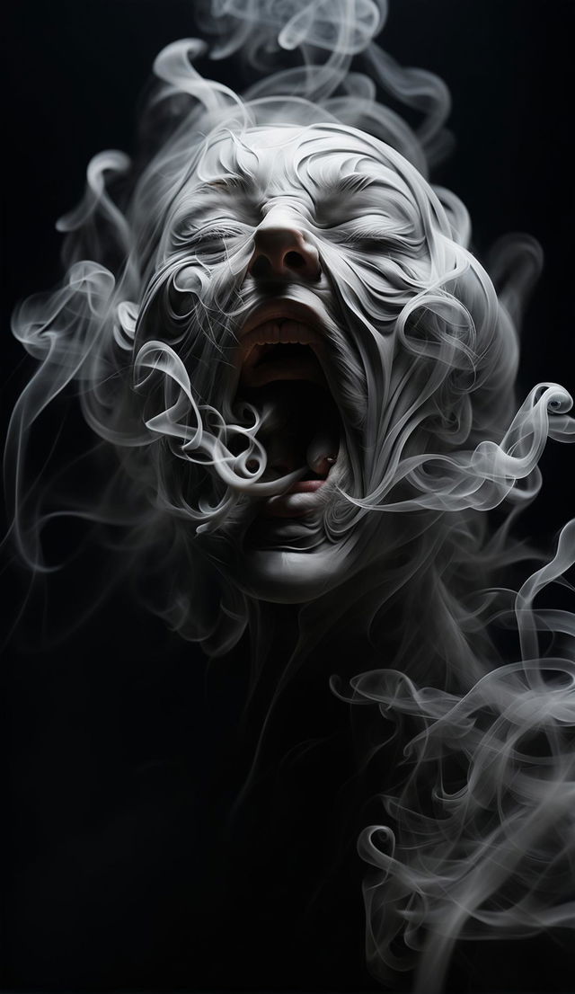 A hyper-realistic 4K image of thick smoke forming an eerie figure screaming, rendered with Redshift for photorealism. The fine art digital photography captures the contrast between the dense smoke and dark background in high dynamic range (HDR), creating a mystical atmosphere reminiscent of Mark Molnar's work.