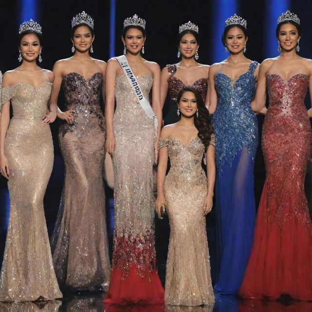 Thirty delegates of Miss Philippines, each presented in her uniquely designed evening gown, ranging from sophisticated noir to dazzling jewel tones, creating a spectacular showcase of elegance and diversity.