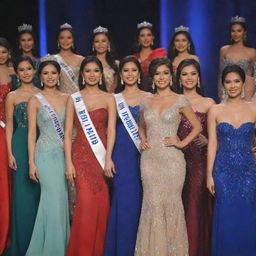 Thirty delegates of Miss Philippines, each presented in her uniquely designed evening gown, ranging from sophisticated noir to dazzling jewel tones, creating a spectacular showcase of elegance and diversity.