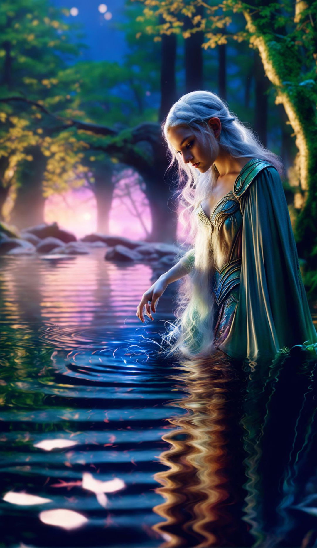 A hyper-realistic 4K image of an elf stepping into a tranquil lake under cinematic lighting, rendered with Redshift and reminiscent of Mark Molnar's mystical art style.