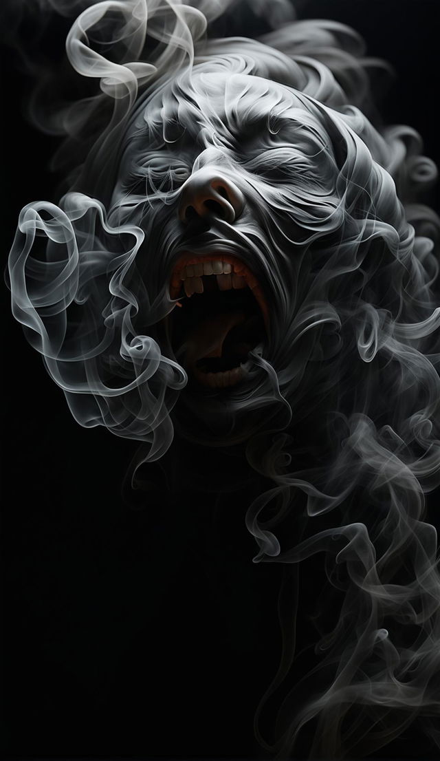 A hyper-realistic 4K image of thick, dark, rolling smoke vaguely forming a screaming face, rendered with Redshift for photorealism. The fine art digital photography captures the contrast between the dense smoke and dark background in high dynamic range (HDR), creating a mystical atmosphere reminiscent of Mark Molnar's work.