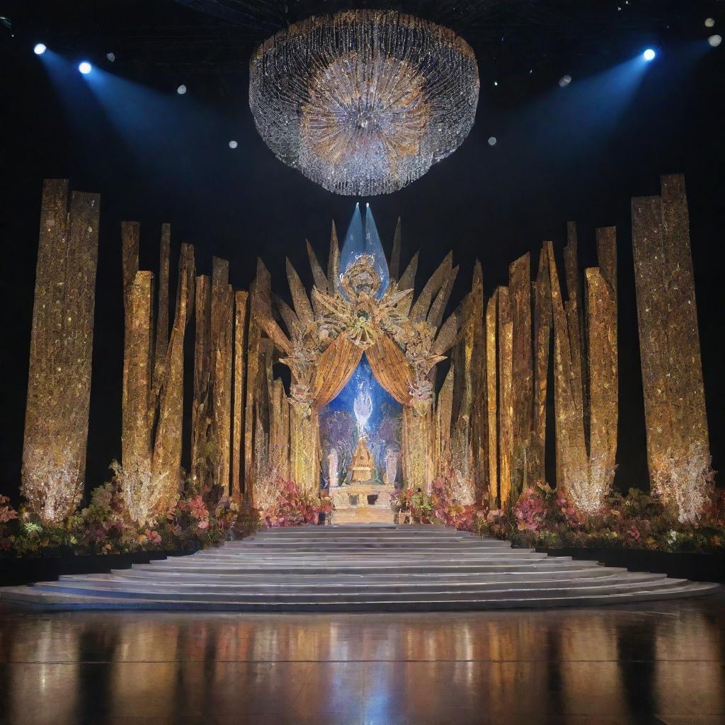 A grand stage design primed for the Miss Philippines pageant. Envision a remarkable fusion of lights and decor embodying the vibrancy and energy of the competition set against a backdrop showcasing Filipino culture and beauty.